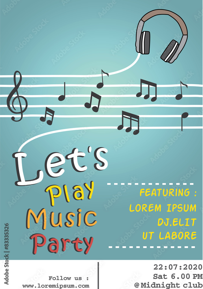 Music party poster headphone note concept template