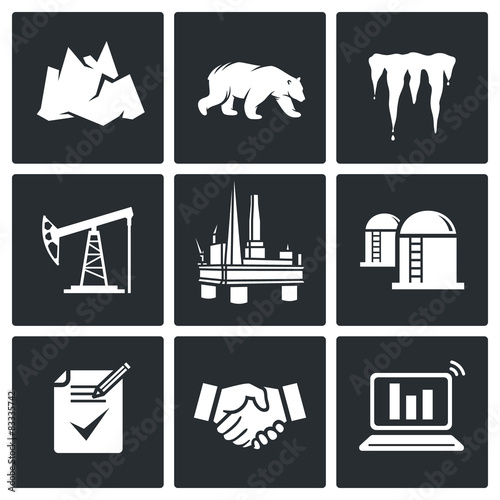 Arctic and oil production Vector Icons Set