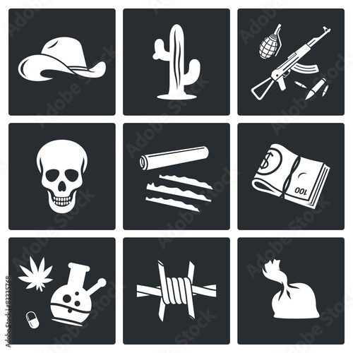 Mexican cartel and arms smuggling Vector Icons Set