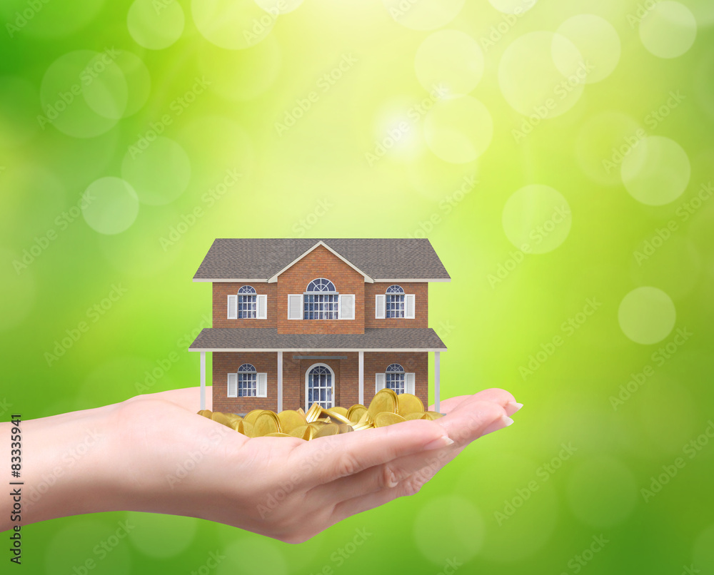 Businessman holding home model and coins Businessman holding home model and coins