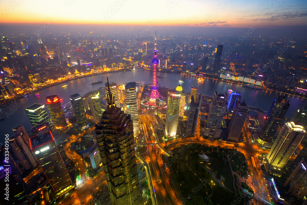 Obraz premium Aerial view of Shanghai at dusk, China