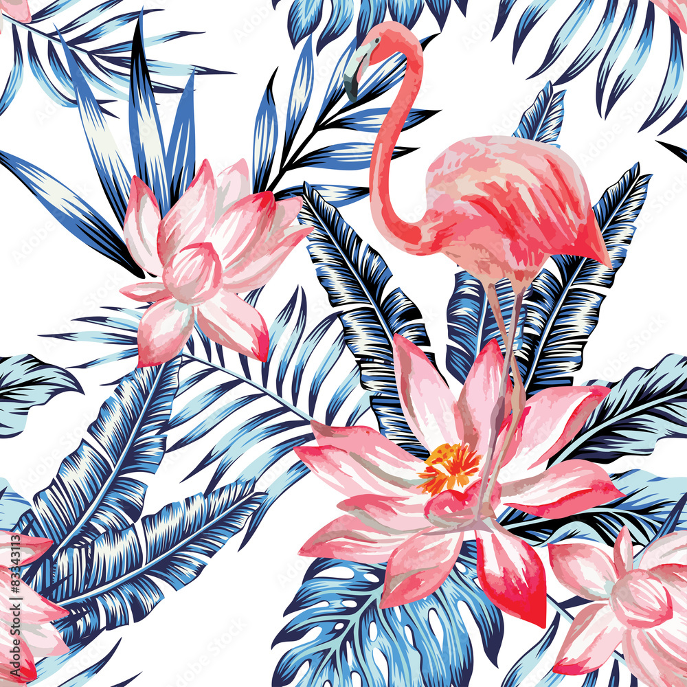 Fototapeta premium pink flamingo and blue palm leaves pattern