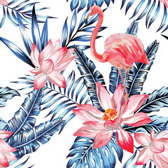pink flamingo and blue palm leaves pattern