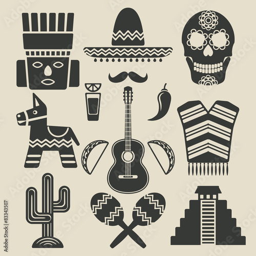 Mexico travel icons set