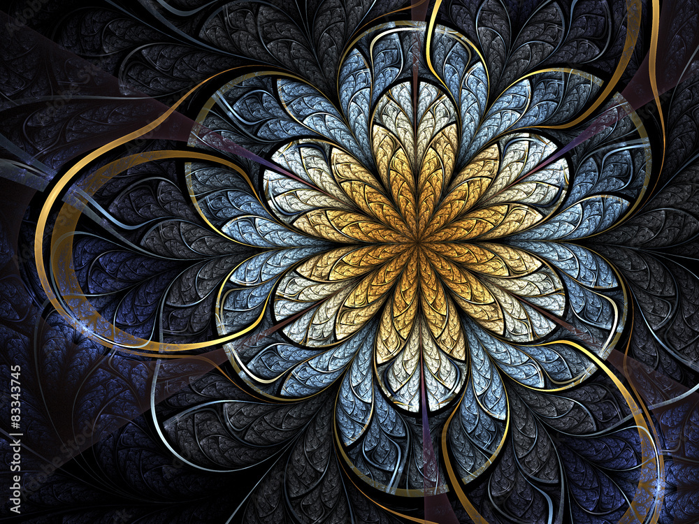 Obraz premium Blue and gold fractal flower, digital artwork