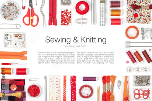 sewing and knitting on white background