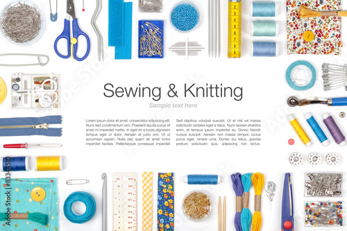 sewing and knitting on white background
