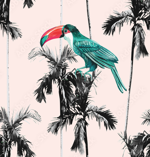 palm trees and toucan seamless background