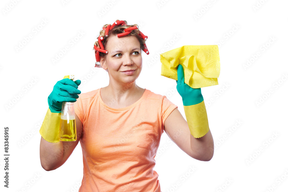 Housewife with rag wipe and cleaning spray Housewife with rag wipe and cleaning spray
