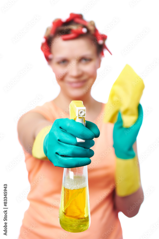 Housewife with rag wipe and cleaning spray Housewife with rag wipe and cleaning spray