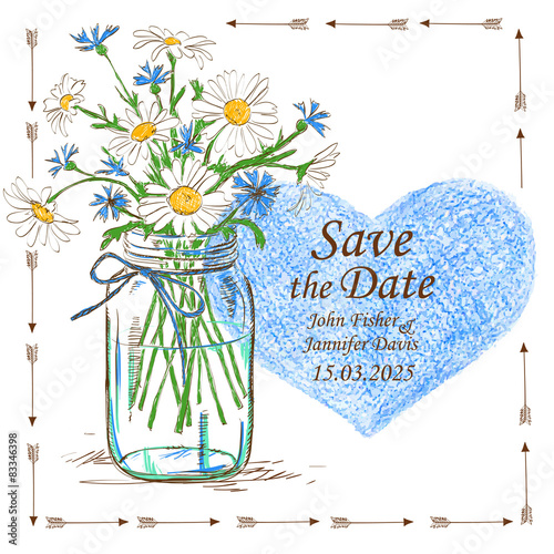 Wedding invitation with mason jar and camomile flowers
