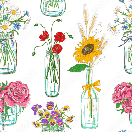 Seamless pattern of mason jars with flowers