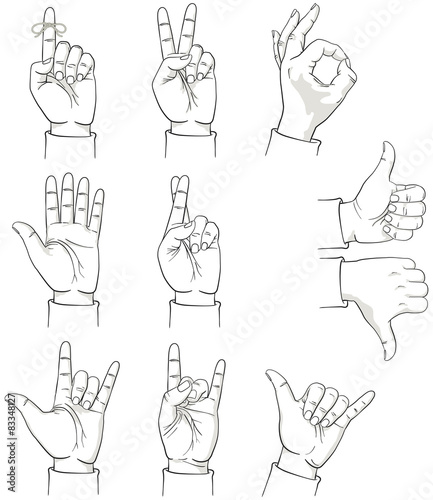 Vector illustration of many hands making various gestures