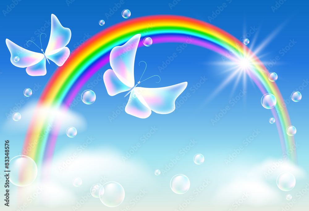 Flying two butterflies in the sky with rainbow Flying two butterflies in the sky with rainbow