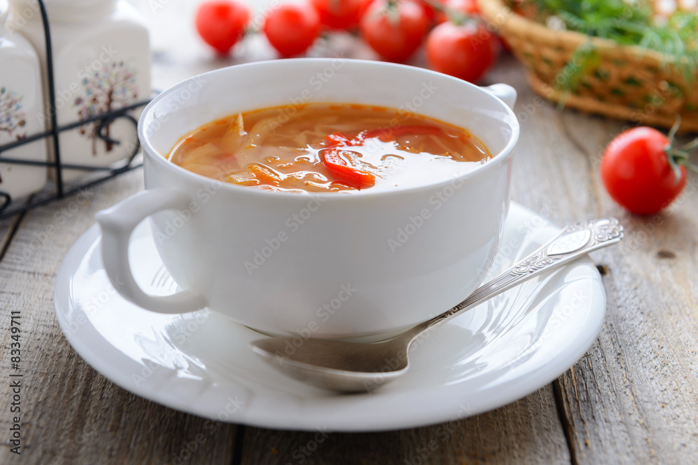 Soup from fresh cabbage, tomatoes and potatoes Soup from fresh cabbage, tomatoes and potatoes