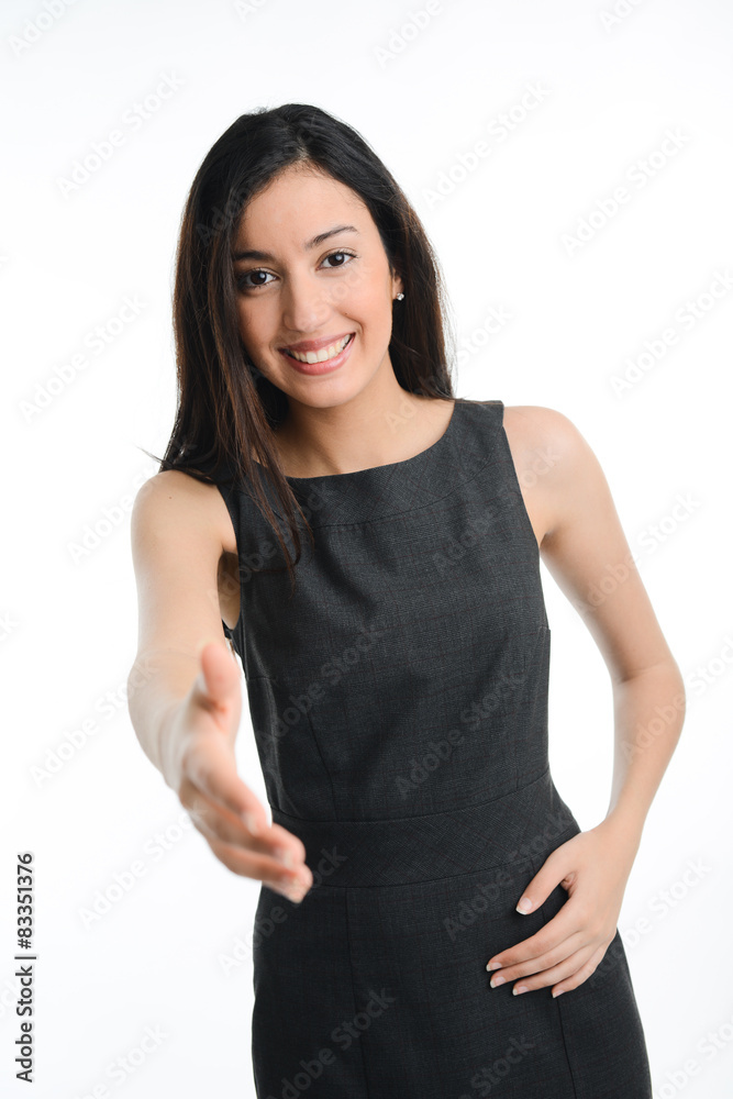 isolated beautiful young business woman giving a hand isolated beautiful young business woman giving a hand