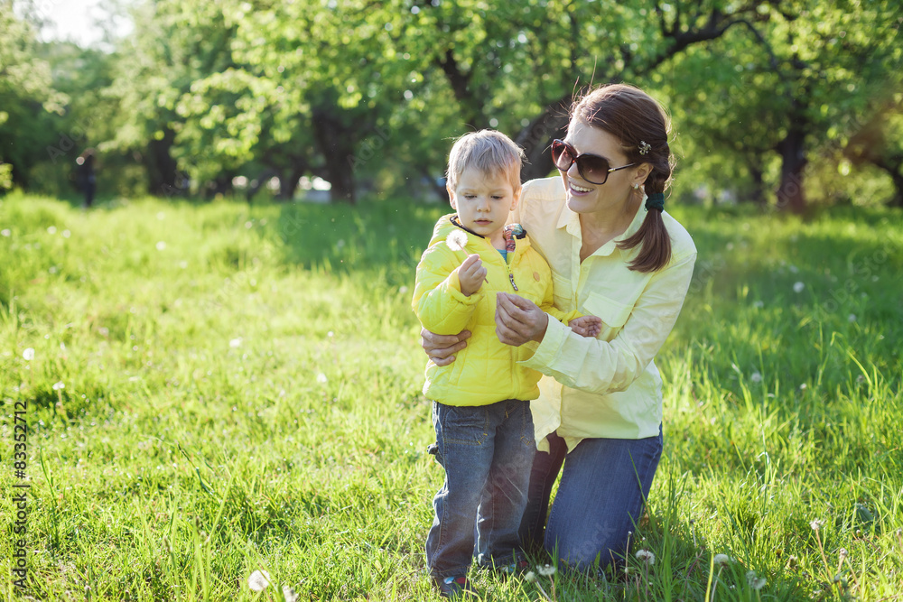 Fototapeta premium Toddler boy and his mom making with before blowing dandelion