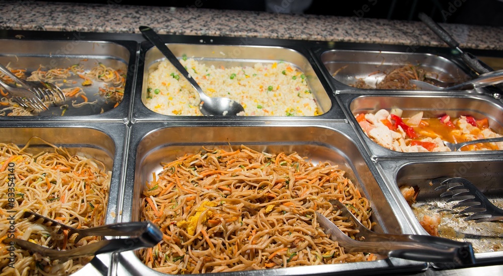 buffet of spaghetti and rice in the Chinese restaurant
