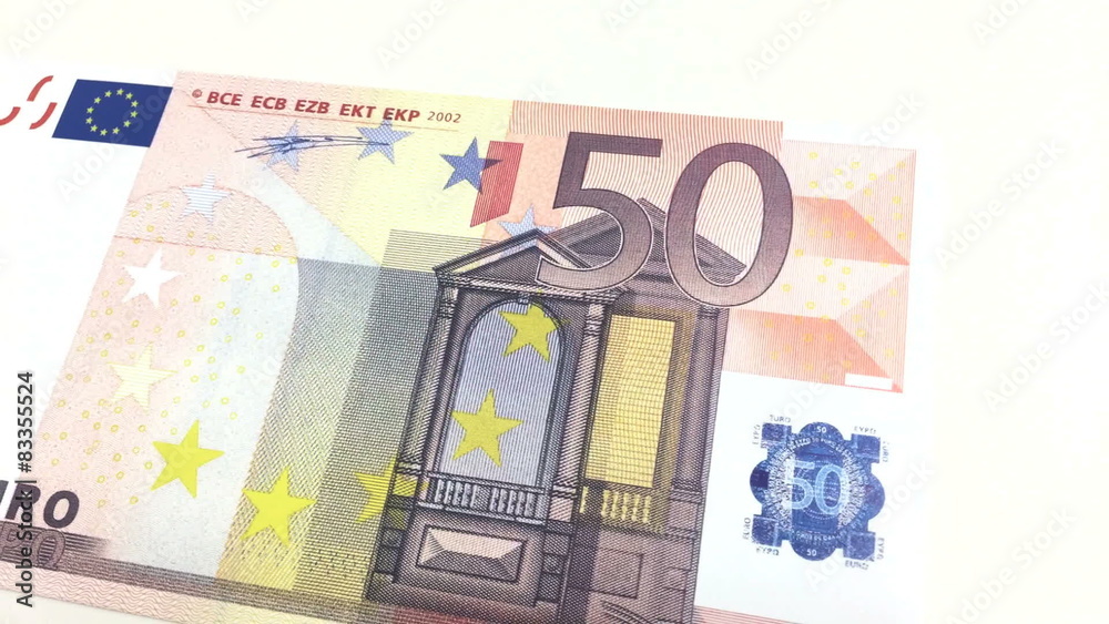 Single 50 euro note rotating on white background Single 50 euro note rotating on white background