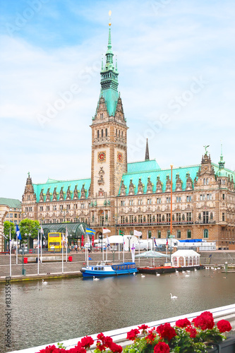 View of the cathedral and square in Hamburg close up.