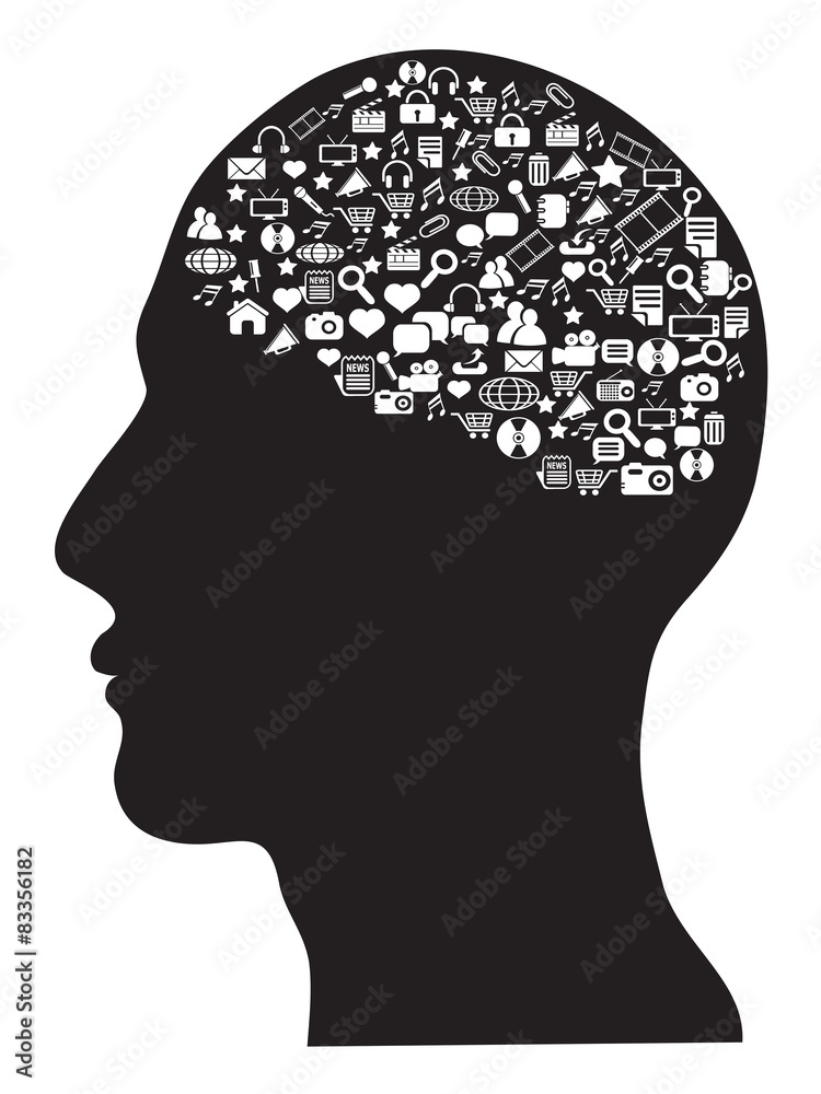 human brain with social media icons set human brain with social media icons set