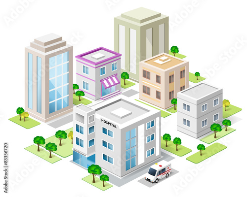 Set of detailed isometric city buildings. 3d town
