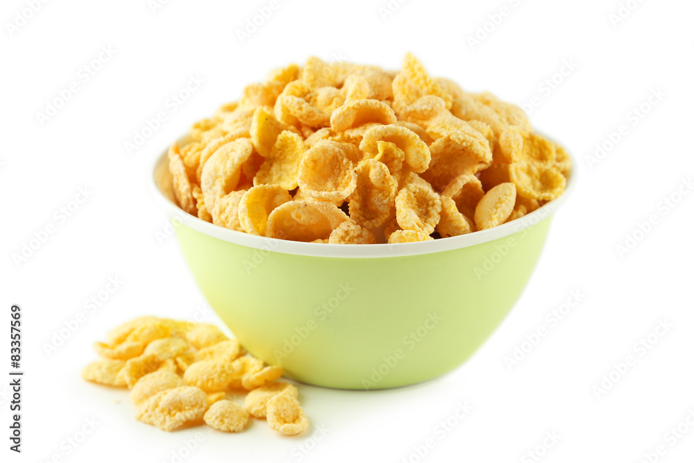 Bowl of cornflakes isolated on white