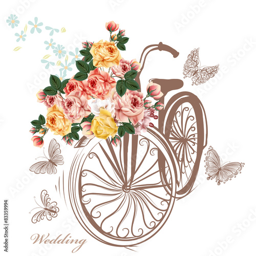 Bicycle with basket fully of rose flowers