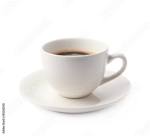 Fresh cup of coffee on a plate, isolated