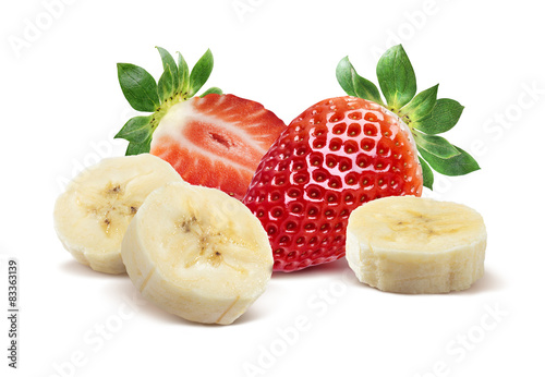 Whole strawberry, half and banana 3 isolated on white