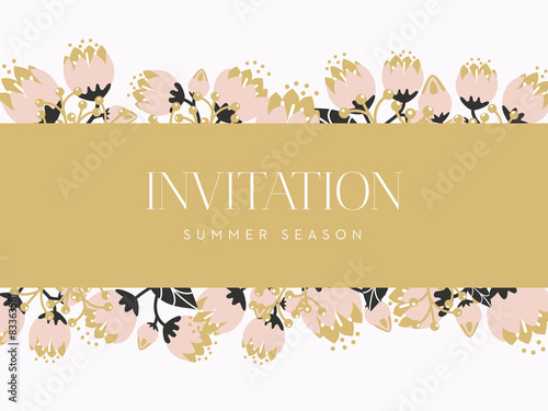 Invitation Card with blooming flowers. Vector design.