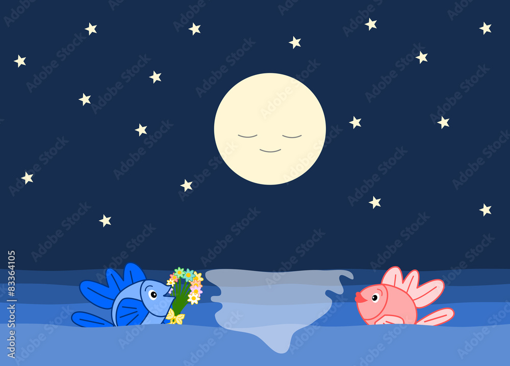 the fishes and the romantic night cartoon illustration