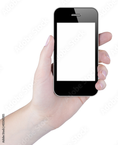 Woman hand holding smart phone with blank touch screen