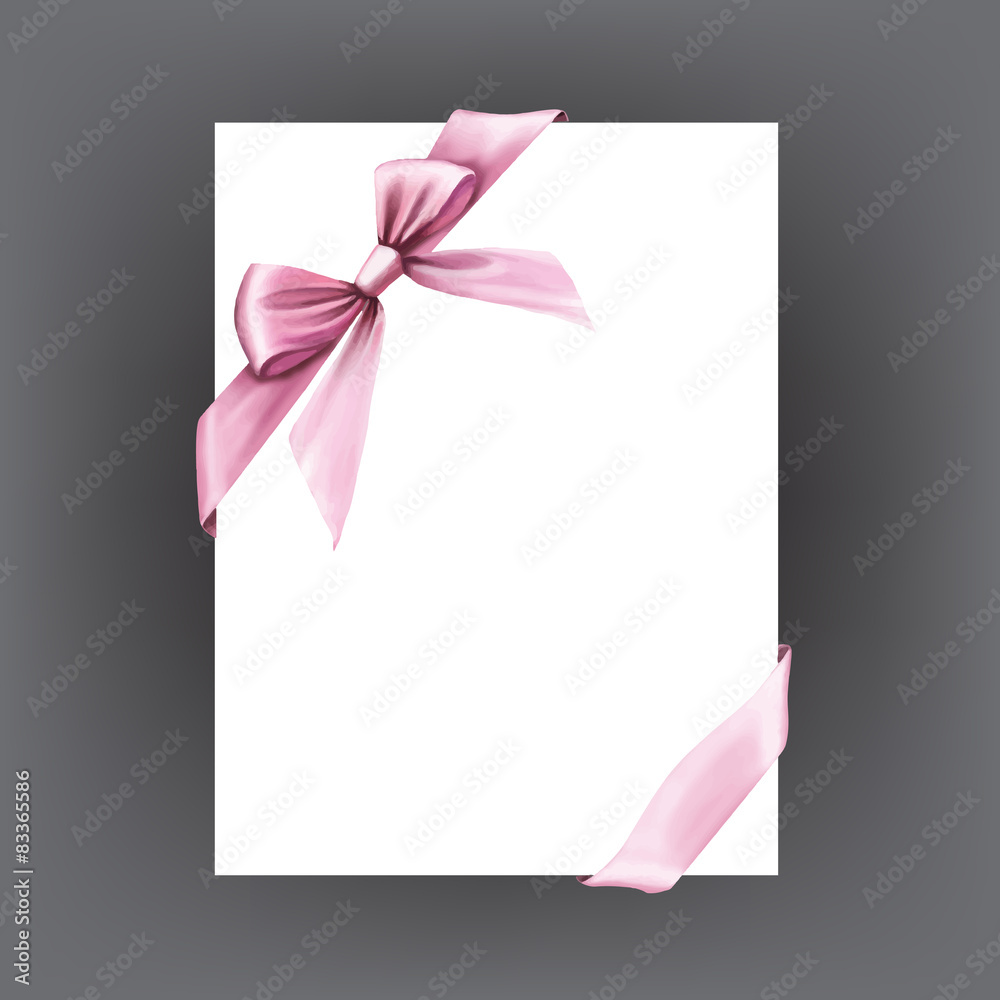 Fototapeta premium White paper card with gift pink satin bow