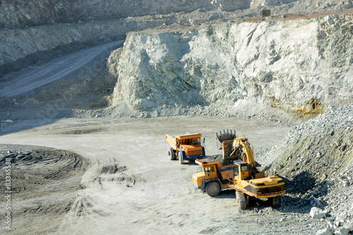 Big yellow trucks in quarry