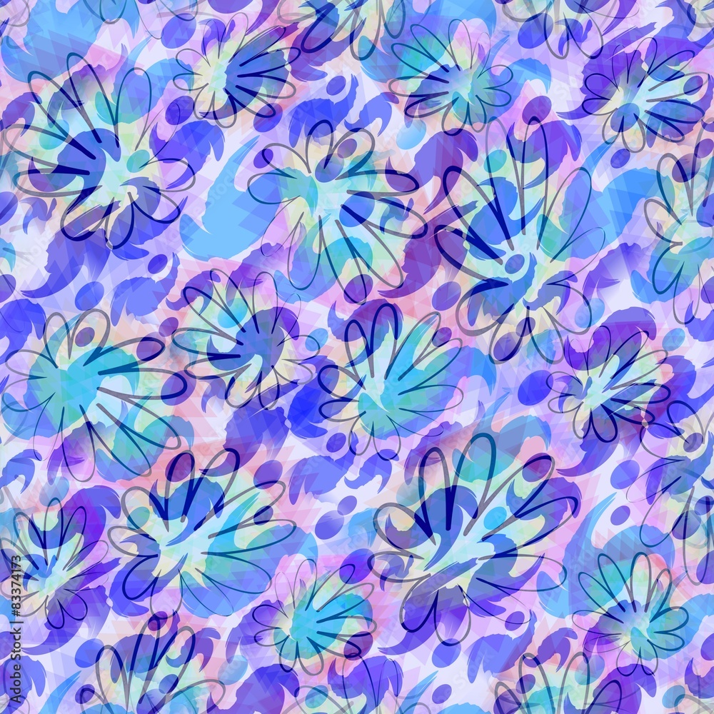 Fototapeta premium Casual summer patterns in blue and purple with floral sketch