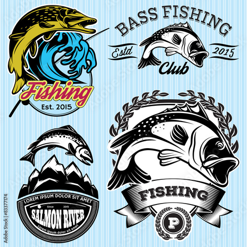 set of patterns with emblems for fishing with pike, salmon, bass
