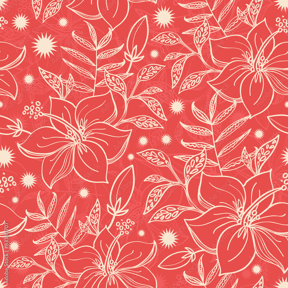 Vector red and beige tropical floral seamless pattern background Vector red and beige tropical floral seamless pattern background