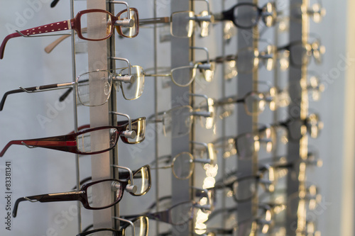 row of glasses at an opticians