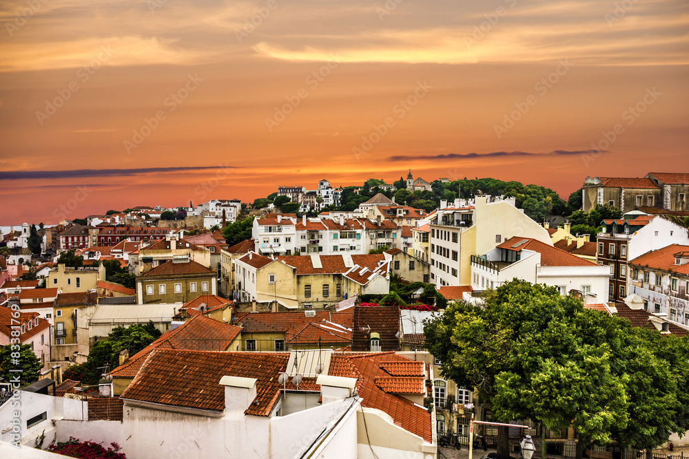 Panoramic evening view of Lisbon, Portugal.