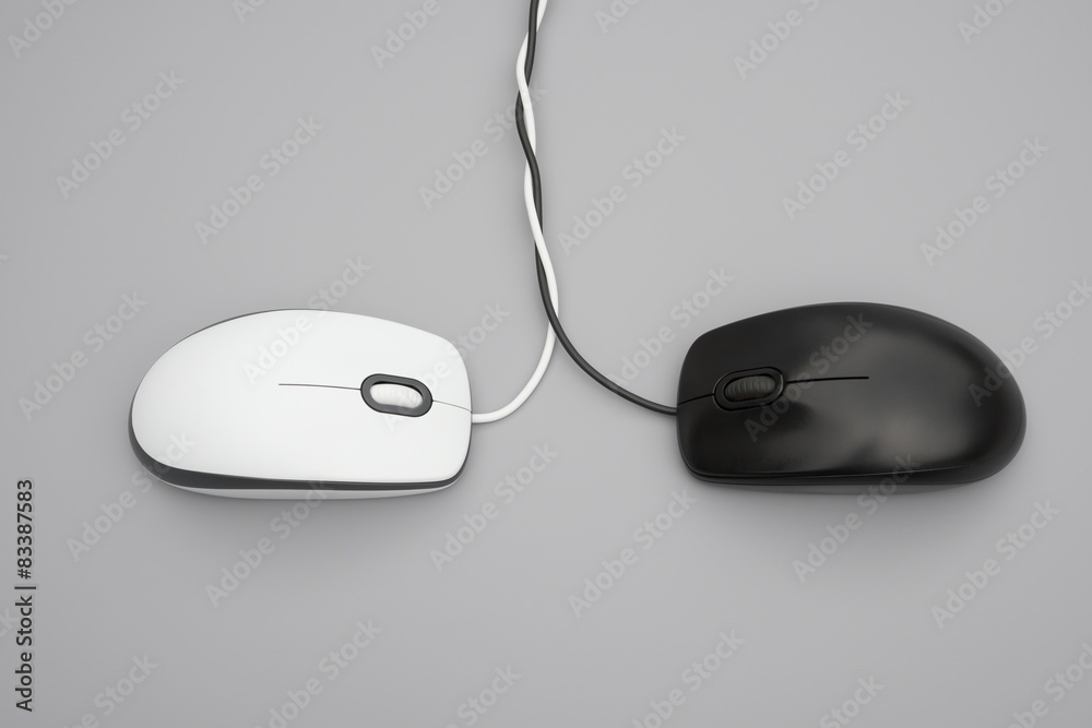 white and black mouses with cables twisted on grey background white and black mouses with cables twisted on grey background