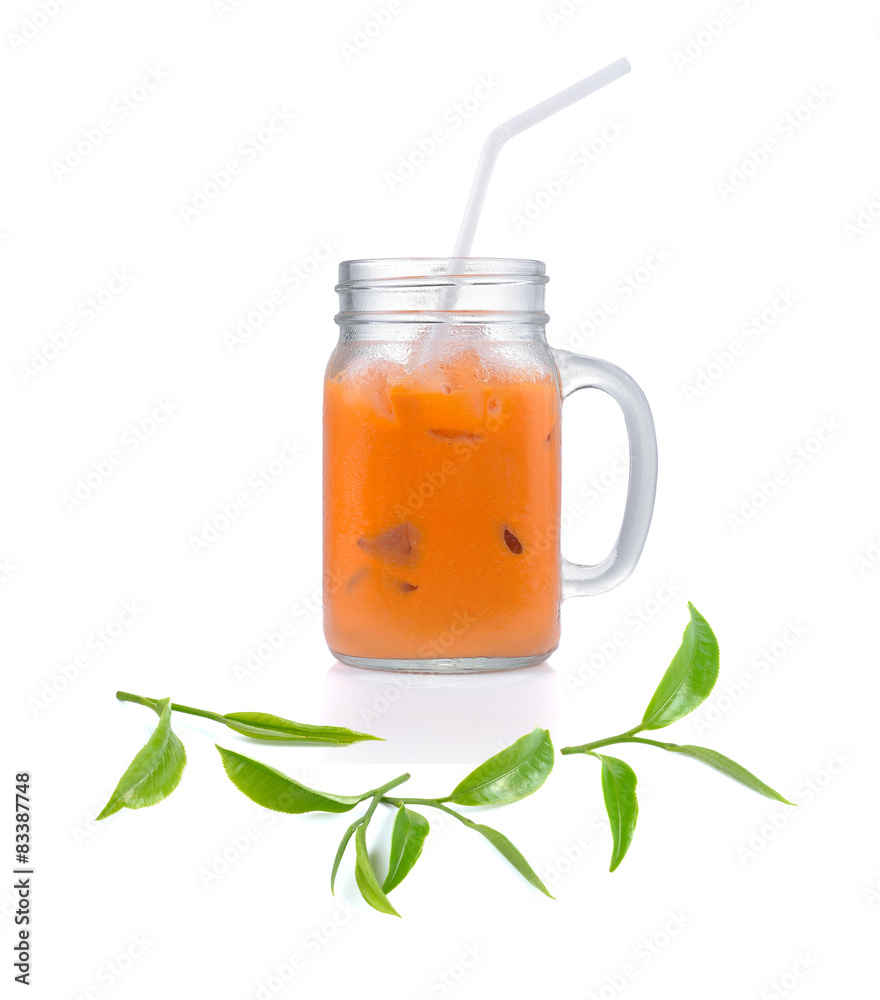 iced milk tea with tea leaf isolated on white background iced milk tea with tea leaf isolated on white background