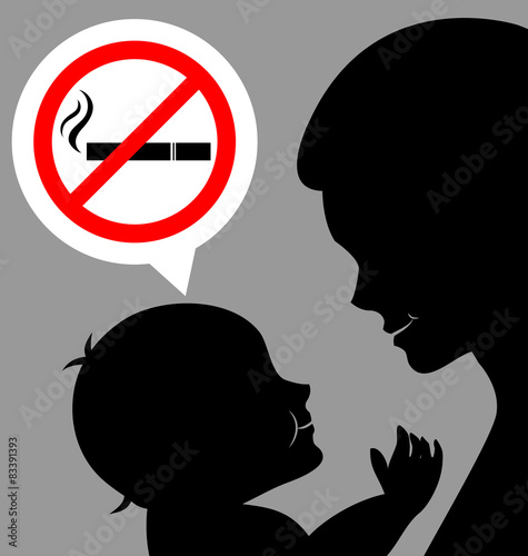 Mom and baby with a prohibiting smoking sign
