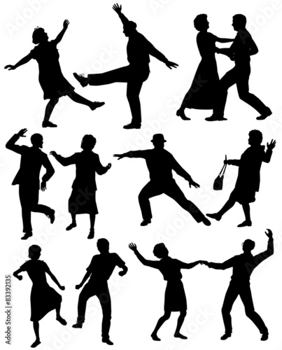 Set of silhouettes of elderly couples dancing