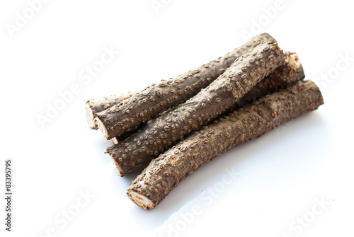 Tree bark of Medicinal Neem with leaves over white background