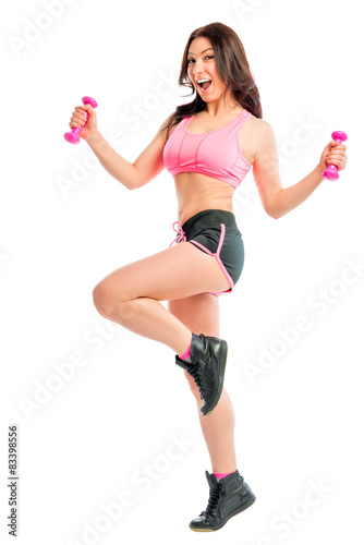 beautiful girl exercising, shot on a white background