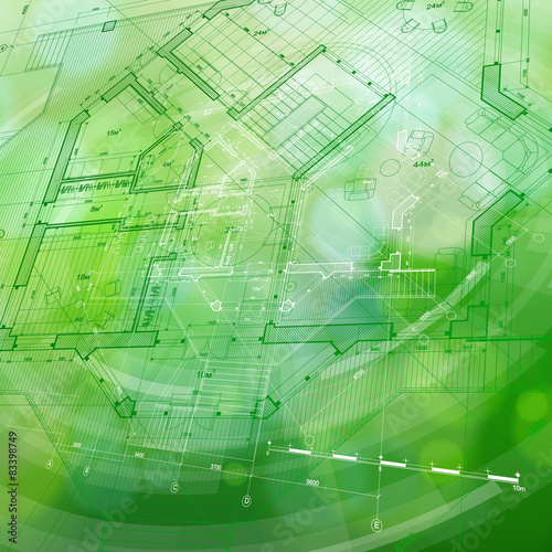 blueprint house plan & green technology radial background 