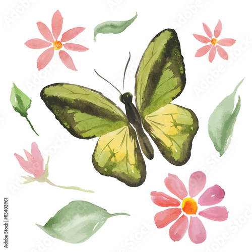 green butterfly and flowers