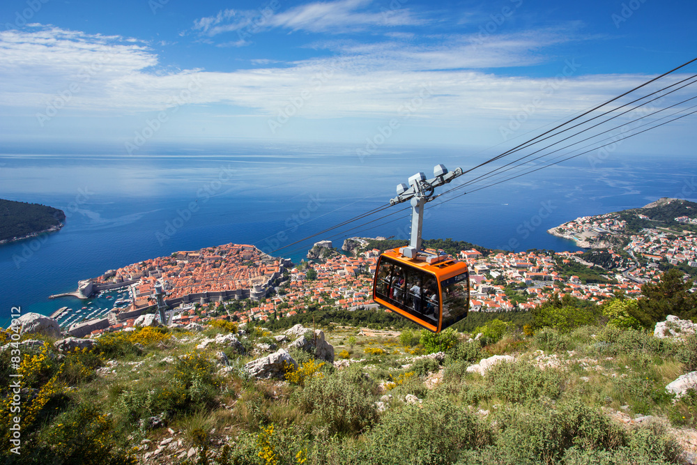Dubrovnik panorama with cable car moving down
