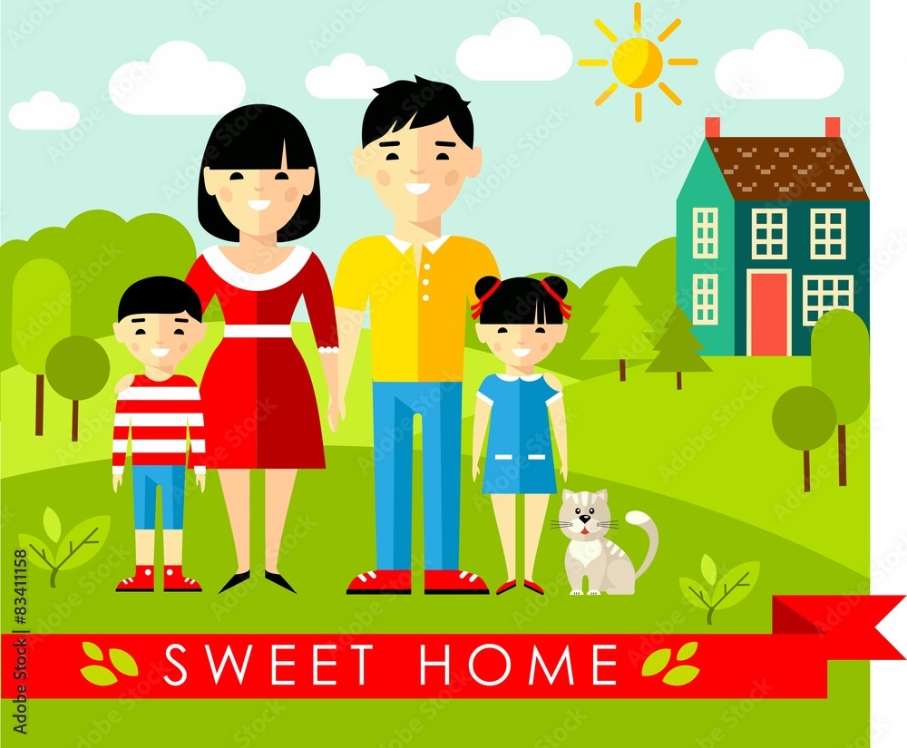 Set of pictures asian family and landscape with home concept
